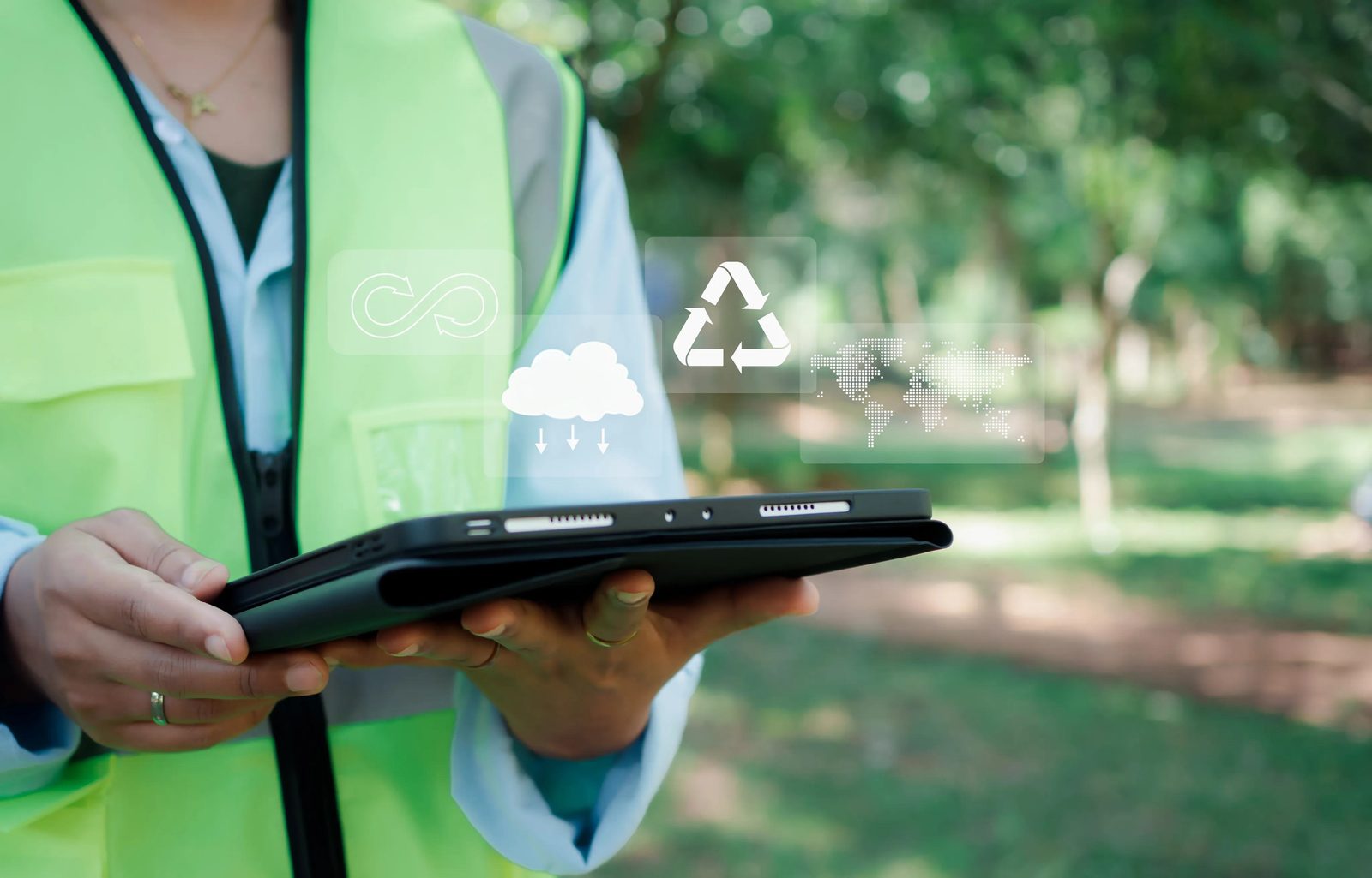 Recycling operations worker using tablet with sustainability and cloud icons