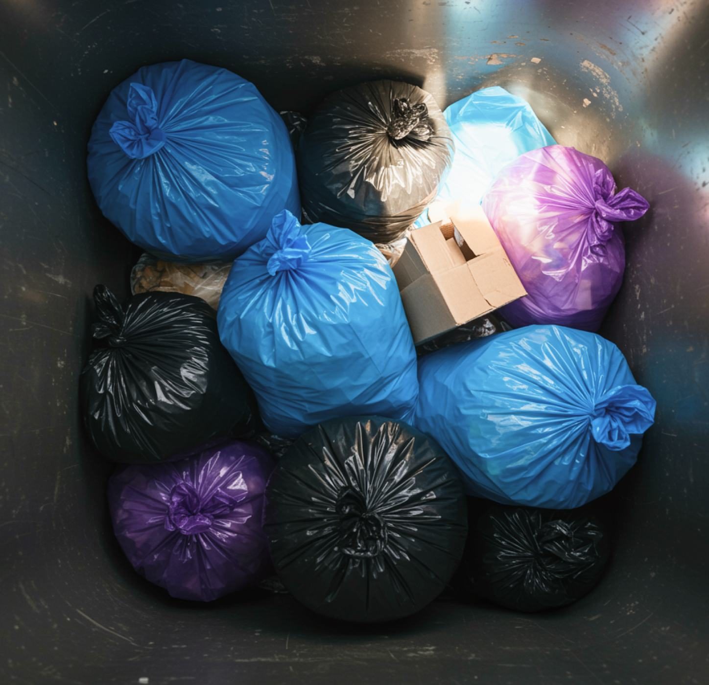 View inside a waste container showing bagged waste — the type of overflow WasteVision detects