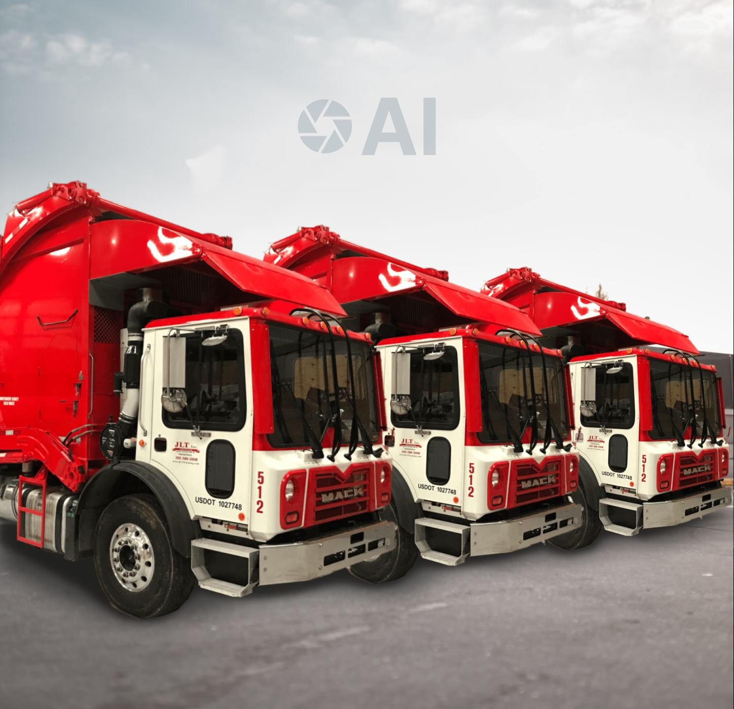 JLT fleet of front-end loader trucks equipped with WasteVision AI